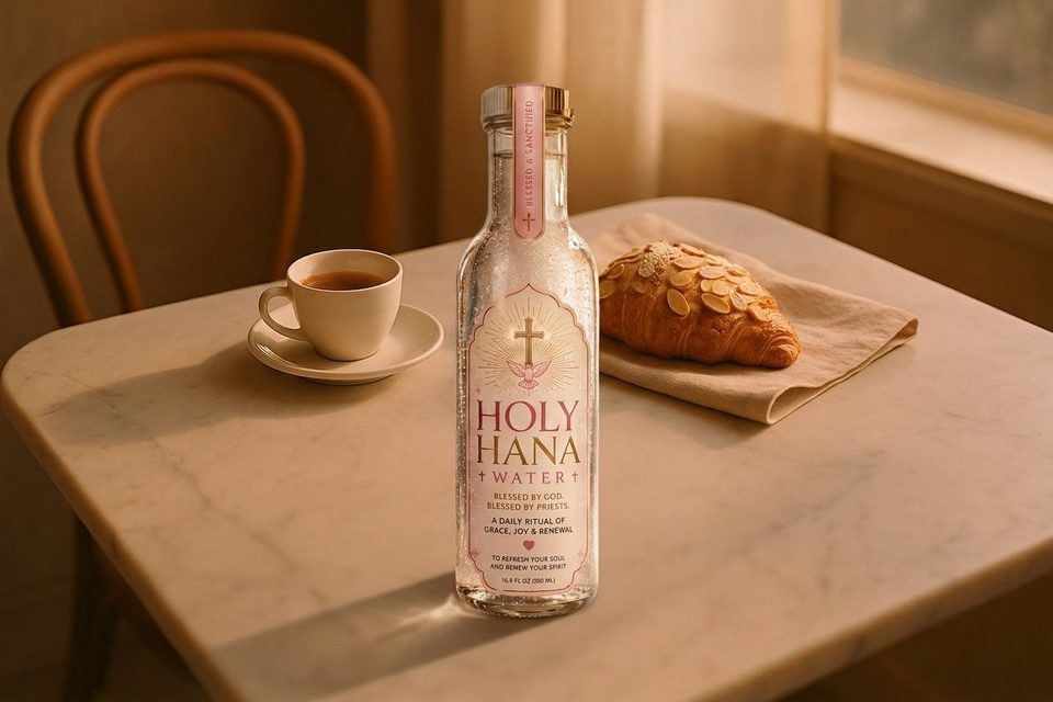 Holy Hana Water on a marble cafe table with an espresso and a croissant in warm morning light