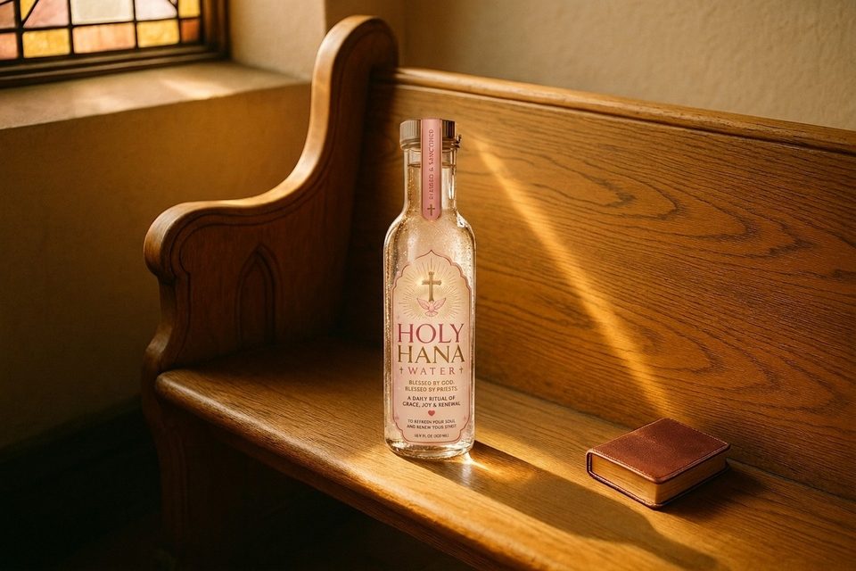 Holy Hana Water on an oak cathedral pew in a soft stained-glass sunbeam beside a prayer book