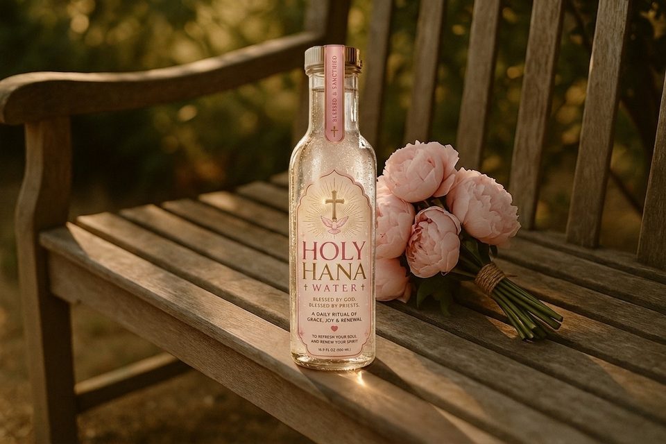 Holy Hana Water on a weathered teak garden bench with pink peonies in dappled afternoon light