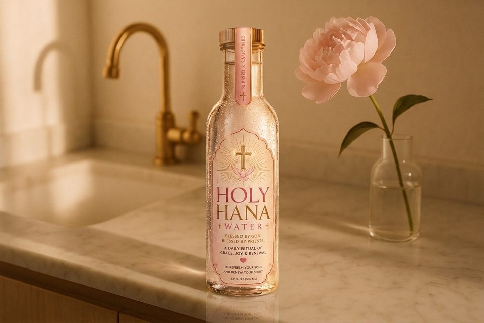 Holy Hana Water on a sunlit white marble counter beside a brass faucet and a single pink peony