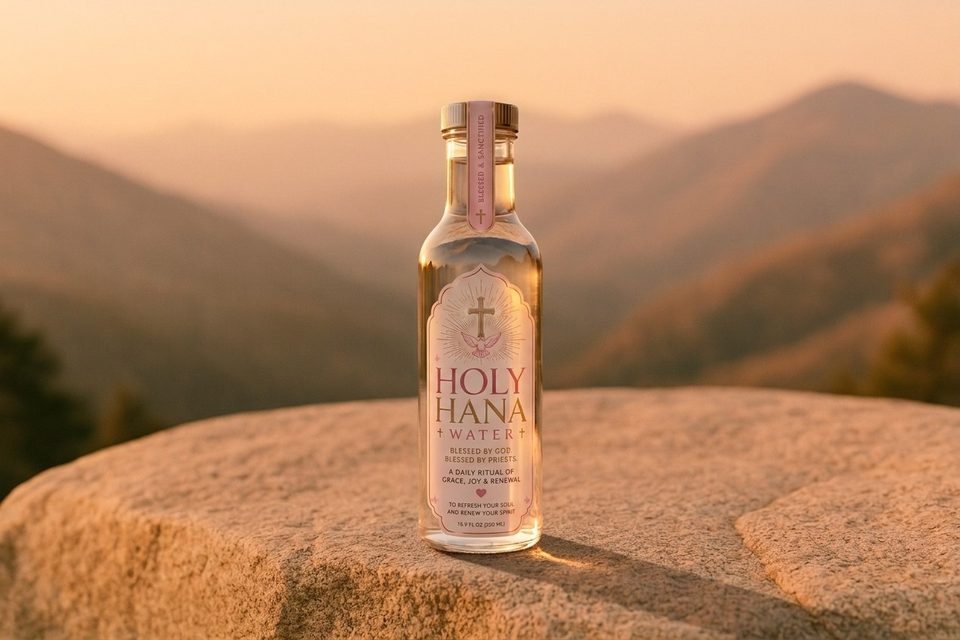 Holy Hana Water on a granite ledge at golden hour with a soft mountain vista