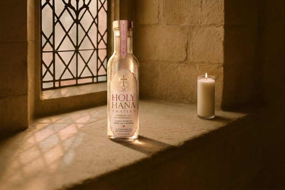 Holy Hana Water on a stone windowsill with a prayer candle and dappled stained-glass light
