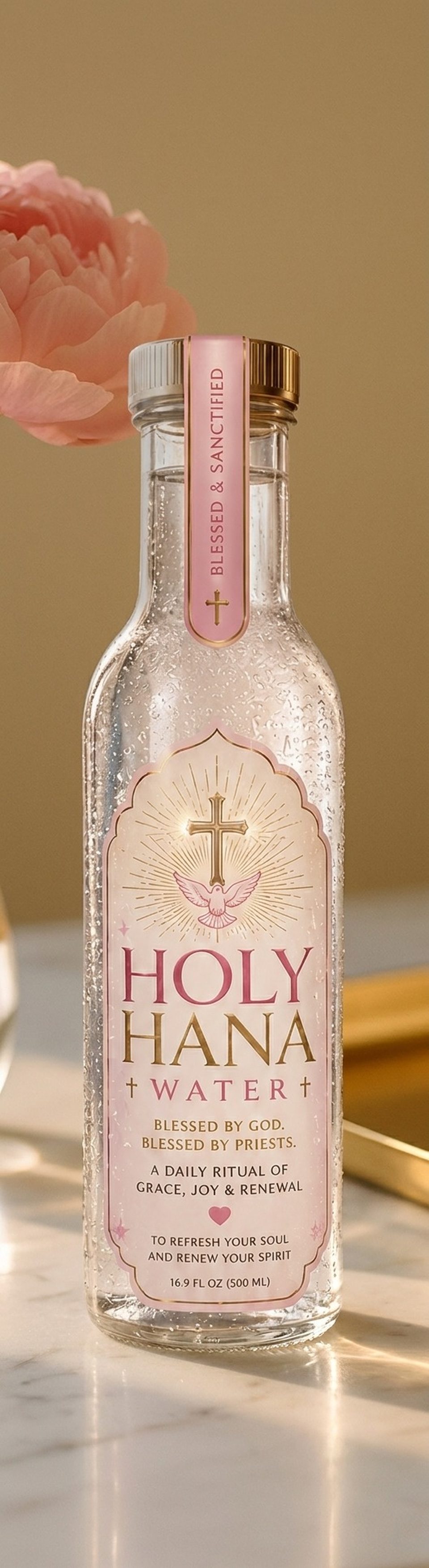 Holy Hana Water on a brass vanity tray with a pink peony in soft golden light