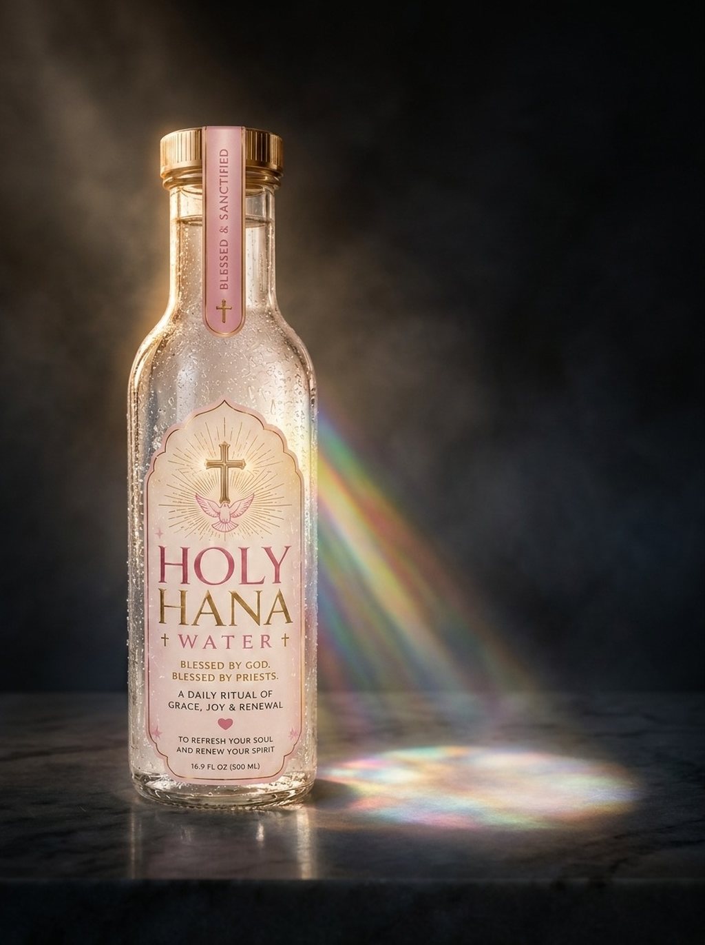 Holy Hana Water glowing in a shaft of sacred light, the blessed spring water refracting into a soft halo