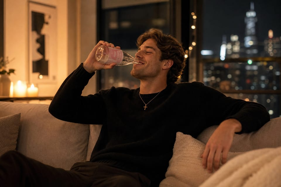 A man relaxing on a couch at night with the city skyline behind him, drinking Holy Hana Water