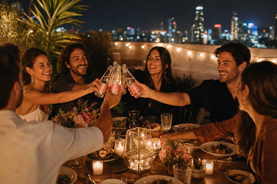 Friends toasting bottles of Holy Hana Water around a candlelit rooftop dinner at night
