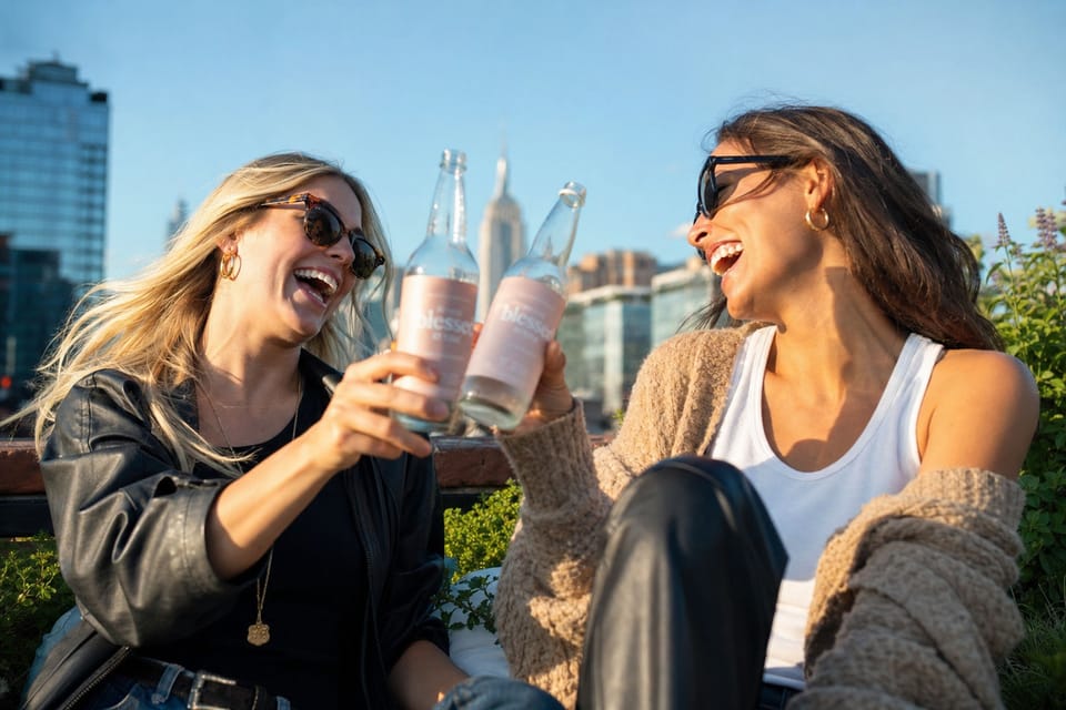 Two friends laughing on a city rooftop, toasting bottles of Holy Hana Water at golden hour