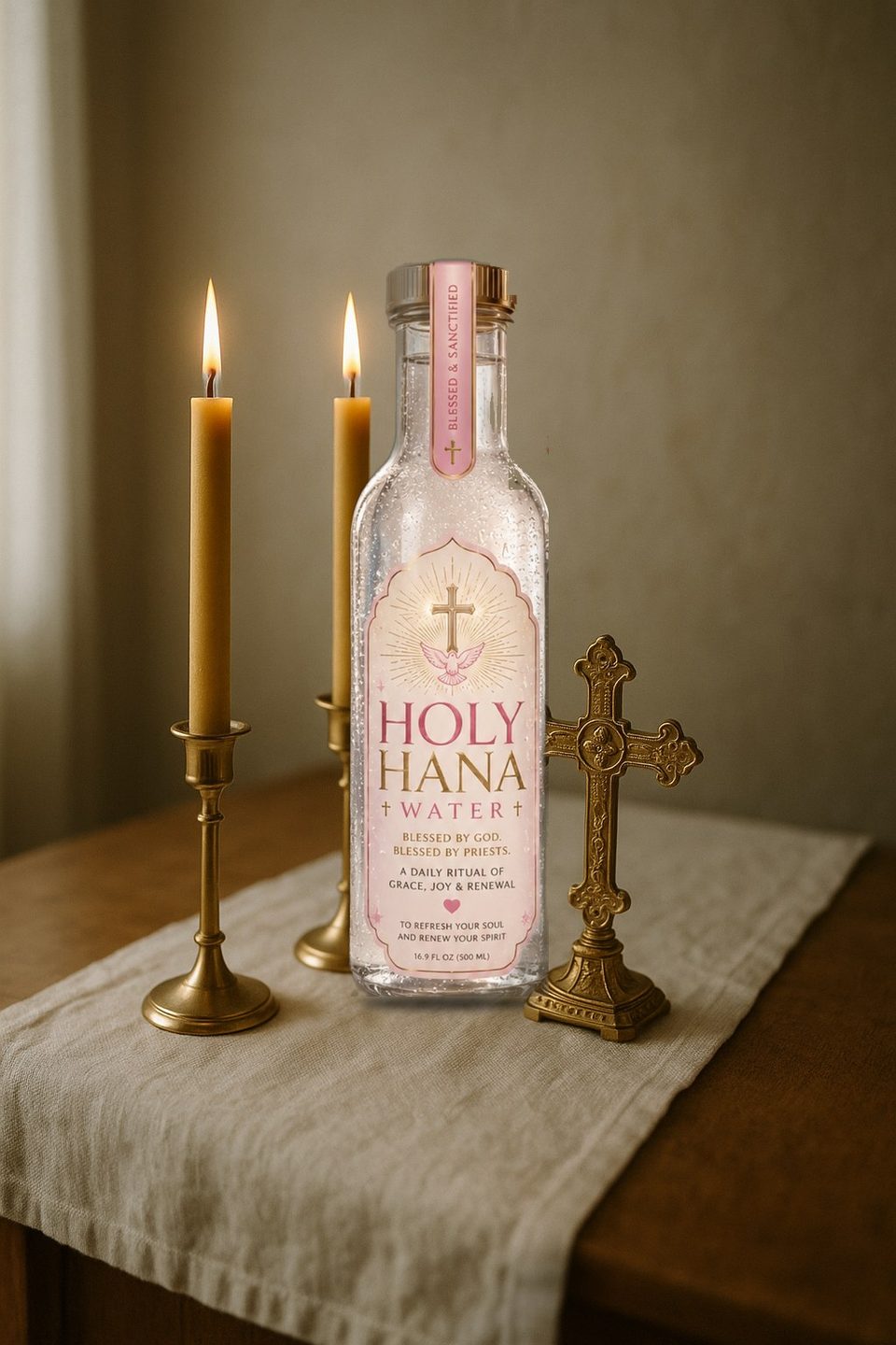 Holy Hana Water bottle on a home altar with two lit candles and a gold cross
