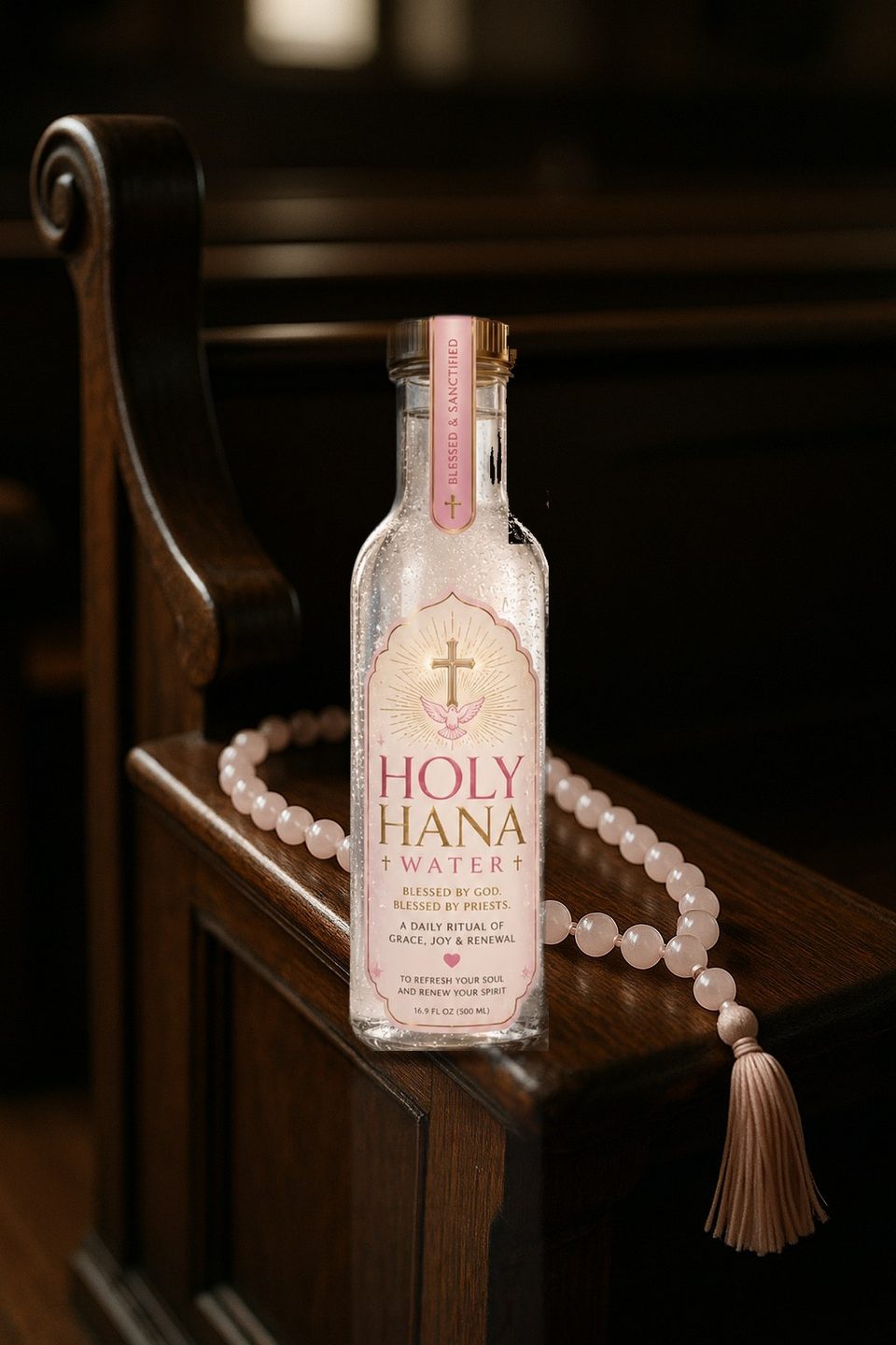 Holy Hana Water bottle on a polished wooden church pew with rose-quartz prayer beads