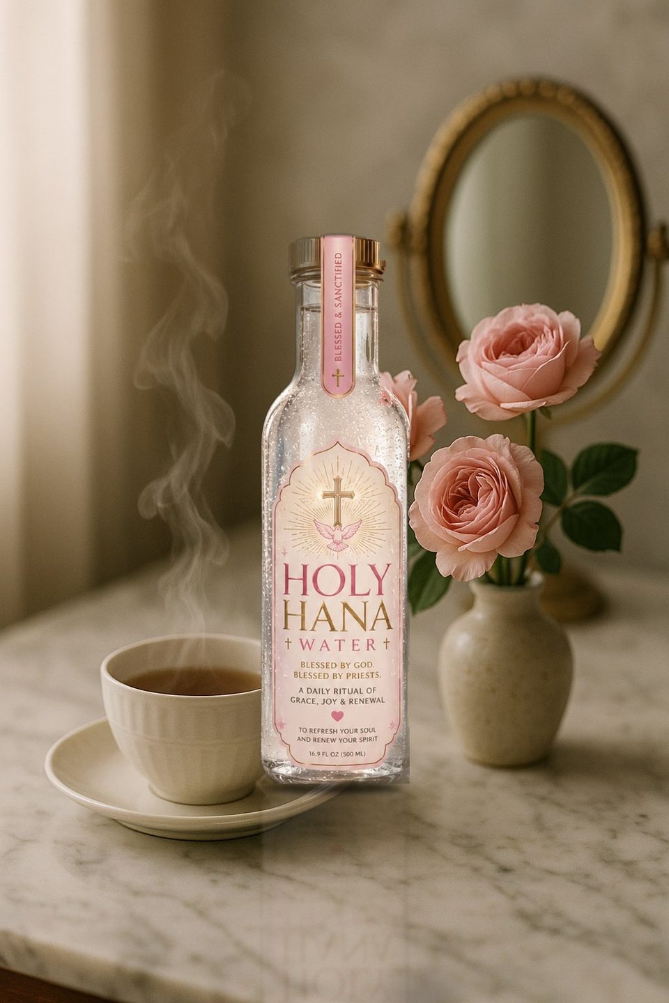 Holy Hana Water bottle on a marble vanity with a steaming teacup and pink roses